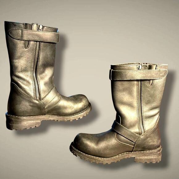 Men\'s 9.5 HOT LEATHERS Tall Harness Flag Skull Black Leather Buckle Biker Boots main image 3